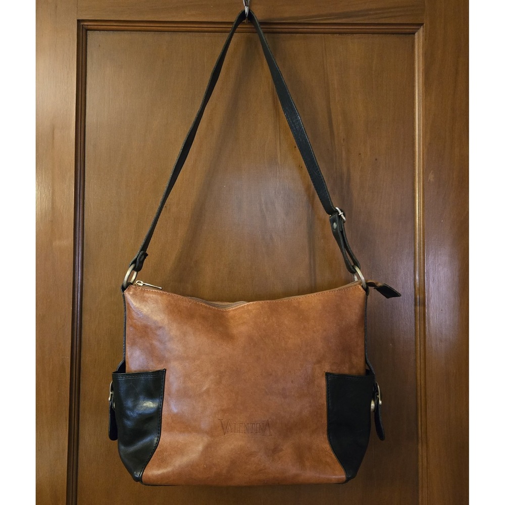 Gorgeous Italian Leather Valentina Handbag Hobo Style Purse Brown/ Black Classic
